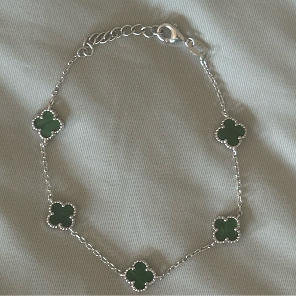 925 Silver Green Malachite Clover Bracelet - Picture 2 of 4